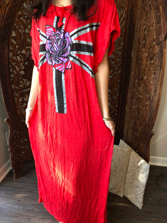 Caftan Maxi Dresses, Nightdress, Red Rose Printed Summer M
