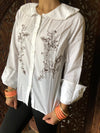Retro Shirt, White Embroidered Brown Blouse Casual M