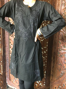  Tunic Beach Tunic Black Embroidered cotton Summer Bohemian Gypsy M