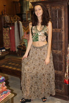  Brown Floral Maxi Skirt, Handmade Gypsy Boho Skirts, M