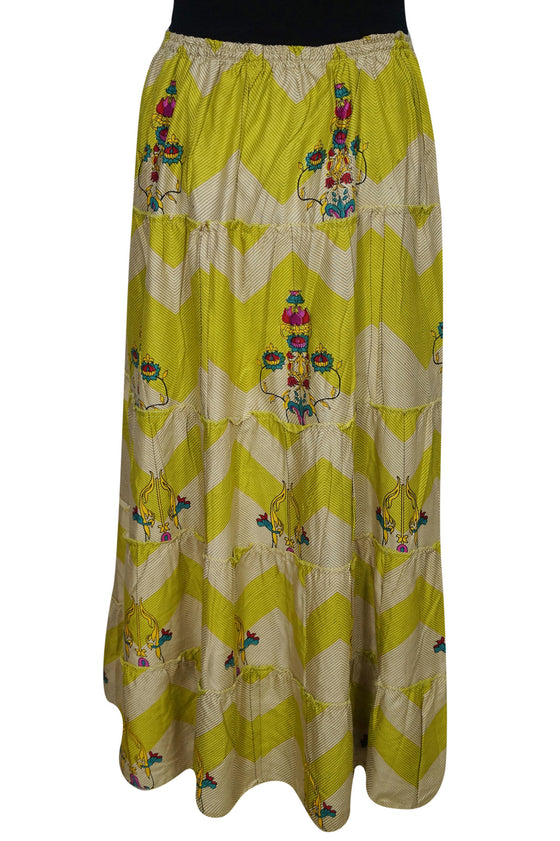 Maxi Skirt Floral Green Beige Printed Handmade Gypsy M/L