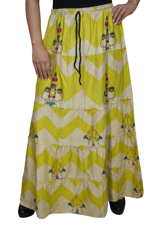 Maxi Skirt Floral Green Beige Printed Handmade Gypsy M/L