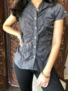 Black 70s Retro Shirt, Button Front Fitted Blouse S