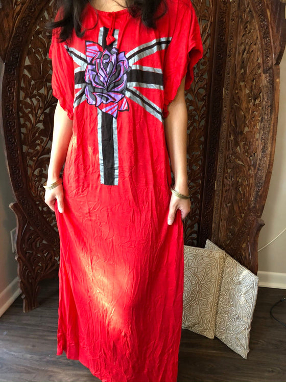 Caftan Maxi Dresses, Nightdress, Red Rose Printed Summer M