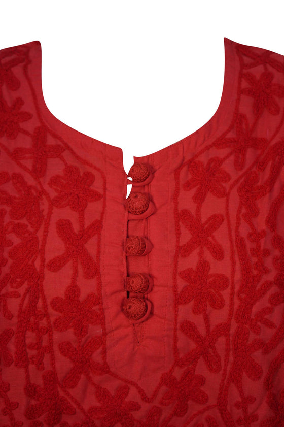 Tunic Kaftan Dress Cotton Red Embroidered Bohemian Caftan ML