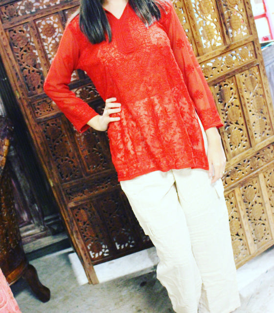 Beige Handloom Cotton Pants Red Bohemian Tunic Blouse Set, M