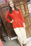 Beige Handloom Cotton Pants, Red Bohemian Tunic Blouse, M