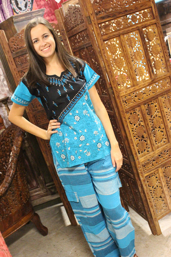 Blue Boho Pants Handloom Cotton, bLUE Bohemian Blouse SET