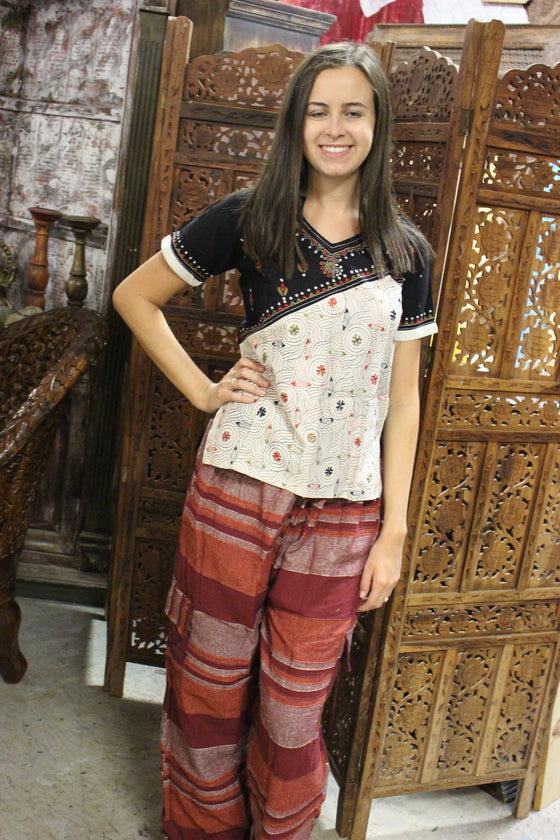 Red Boho Hippie Pants, Bohemian Tunic Blouse 2 pcs