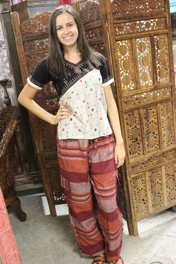 Red Boho Hippie Pants, Bohemian Tunic Blouse 2 pcs