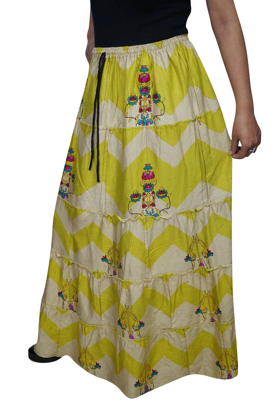 Maxi Skirt Floral Green Beige Printed Handmade Gypsy M/L