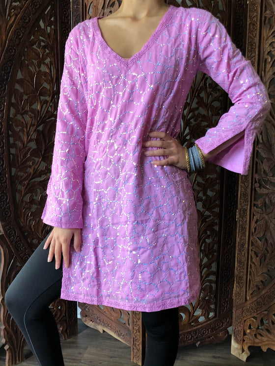 Stylish Tunic Pink Sequin Embroidered Cotton Bohemian Kurti