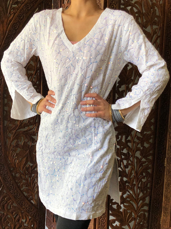 Tunic Dress White Sequin Embroidered cotton Summer Bohemian Kurti