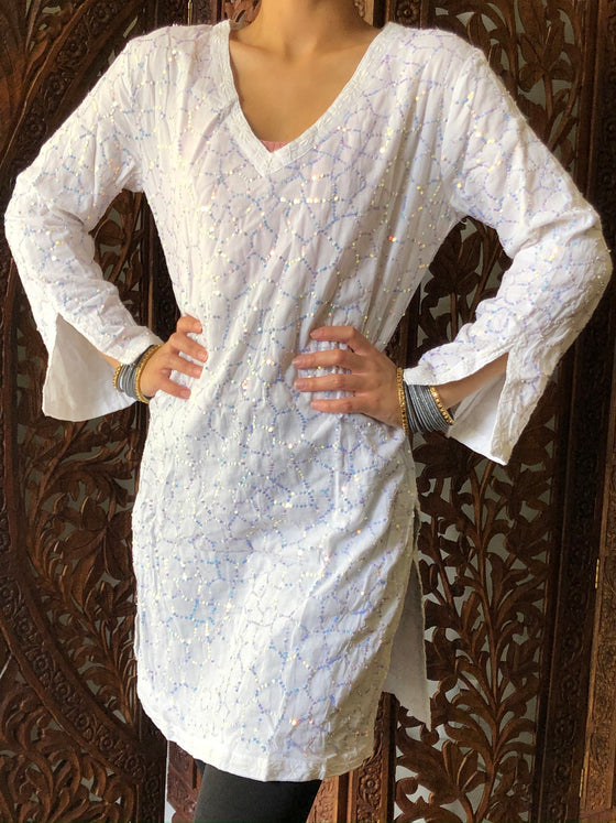 Tunic Dress White Sequin Embroidered cotton Summer Bohemian Kurti