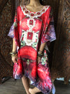 Red Kaftan Dress, Soft Bohemian Jewelled Beach Cover 3XL