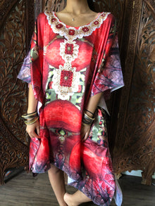  Red Kaftan Dress, Soft Bohemian Jewelled Beach Cover 3XL