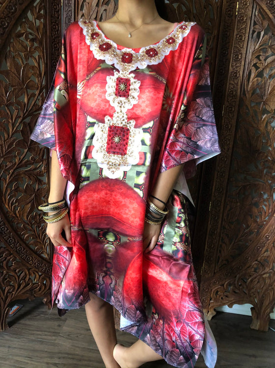 Red Kaftan Dress, Soft Bohemian Jewelled Beach Cover 3XL