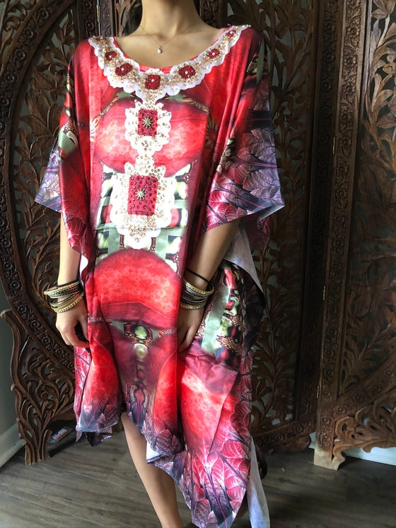 Red Kaftan Dress, Soft Bohemian Jewelled Beach Cover 3XL