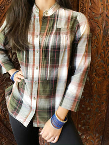  Plaid Shirt, Summer Blouse Casual Plaid Cotton Bohemian M