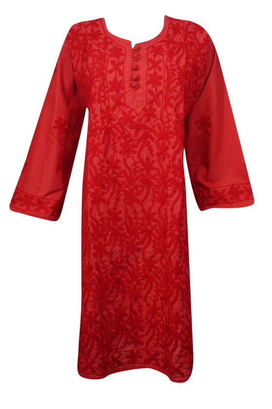 Tunic Kaftan Dress Cotton Red Embroidered Bohemian Caftan ML