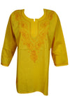 Tunic Yellow Floral Embroidered Cotton Summer Boho FASHION M