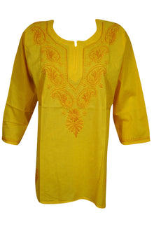  Tunic Yellow Floral Embroidered Cotton Summer Boho FASHION M