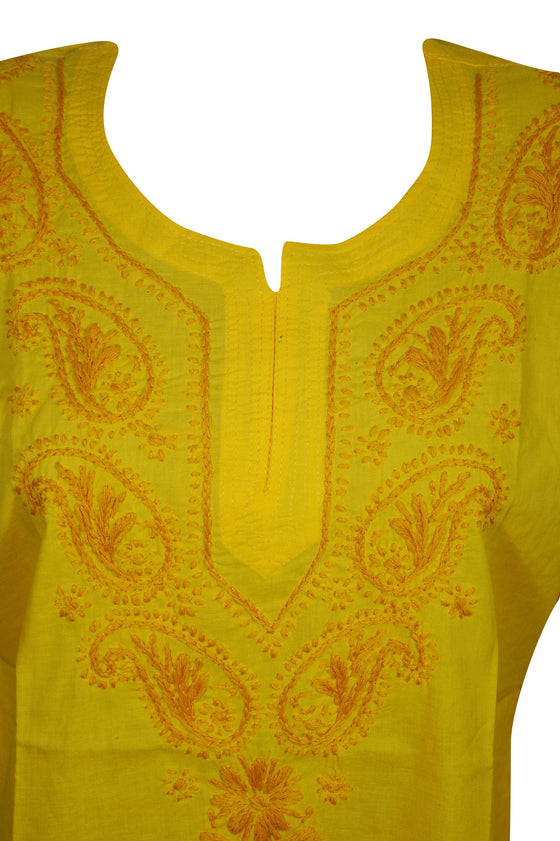 Tunic Yellow Floral Embroidered Cotton Summer Boho FASHION M