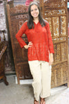 Beige Handloom Cotton Pants, Red Bohemian Tunic Blouse Set, M
