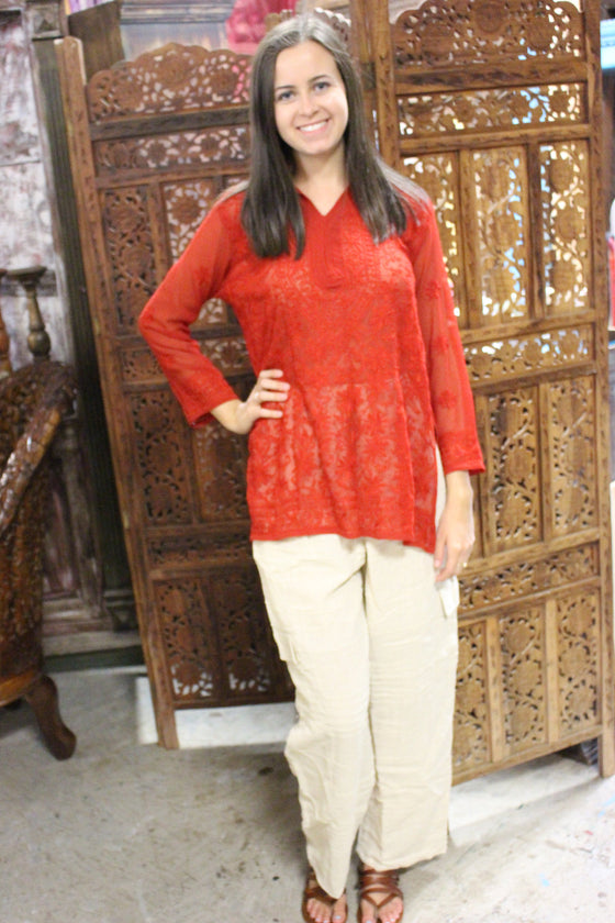 Beige Handloom Cotton Pants Red Bohemian Tunic Blouse Set, M