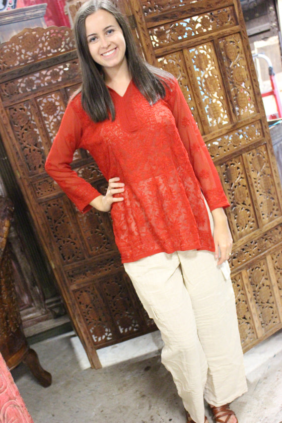 Beige Handloom Cotton Pants, Red Bohemian Tunic Blouse Set, M