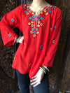 Tunic Top, Red Georgette Embroidered Boho Fashion Handmade M