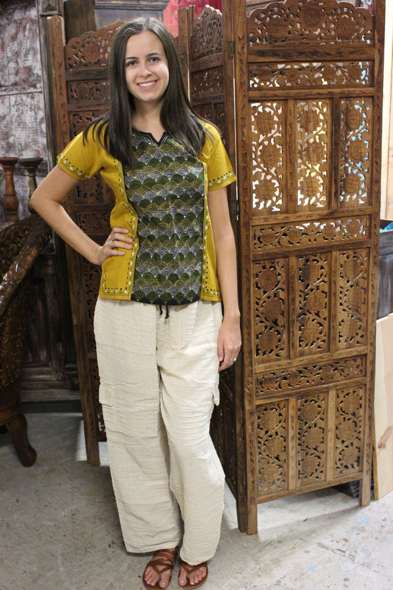 Beige Boho Pants Natural Cotton Yellow Black Bohemian Tunic, M