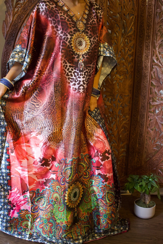 Kaftan Maxi Dress Red Pink Bohemian Kaftan, Printed 5X