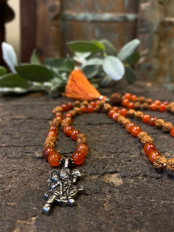 Yoga Mala, Prayer Beads Japamala Rudraksha Carnelian, Root Chakra Necklace