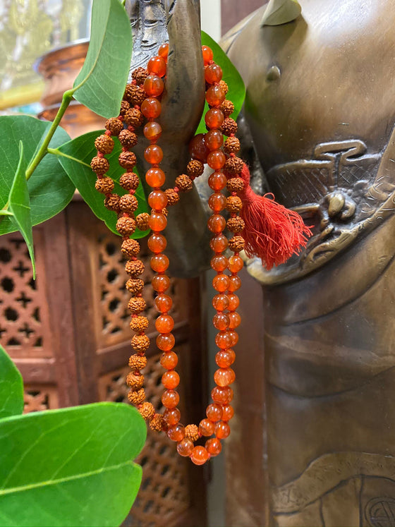 Prayer Beads Japamala Rudraksha Carnelian Yoga Mala with Copper Bracelet