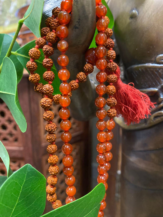 Prayer Beads Japamala Rudraksha Carnelian Yoga Mala with Copper Bracelet