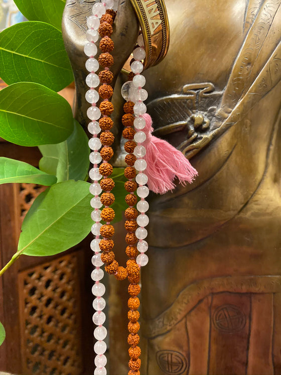Yoga Mala Rose Quartz Beads Rudraksha Unconditional Love Mala