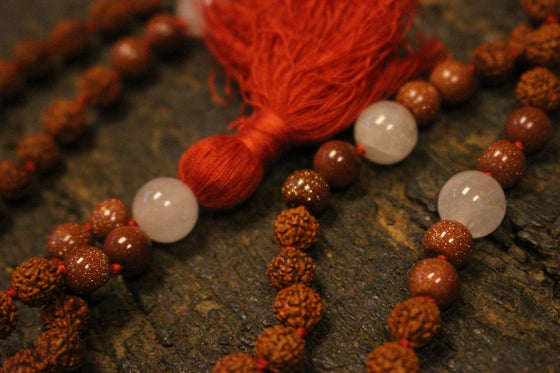 Ambition Sunstone Rose Quartz Rudraksha 108 Malabeads, Pink Jade