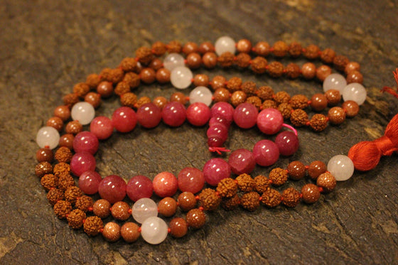 Ambition Sunstone Rose Quartz Rudraksha 108 Malabeads, Pink Jade