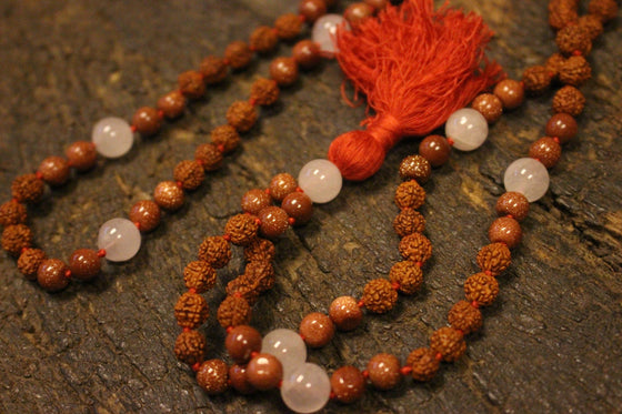 Ambition Sunstone Rose Quartz Rudraksha 108 Malabeads, Pink Jade