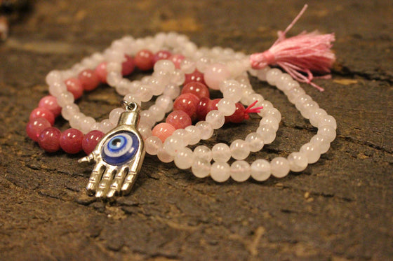 Love Mala, Rose Quartz Malabeads, Evil Eye Pendant, Unconditional