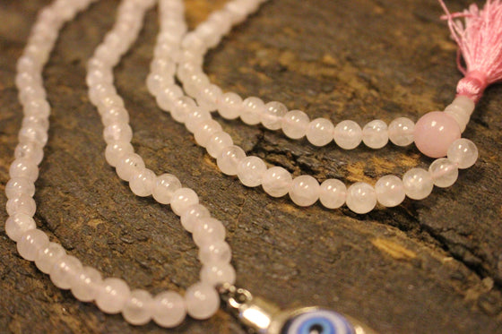 Love Mala, Rose Quartz Malabeads, Evil Eye Pendant, Unconditional