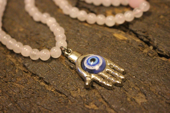 Love Mala, Rose Quartz Malabeads, Evil Eye Pendant, Unconditional