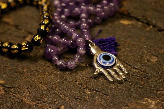 Amethyst Mala beads, Evil Eye pendant, Om Mani Padme Hum Bracelet