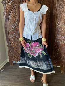  Boho Skirt, Black Rose Boho Skirt, White Embroidered SM