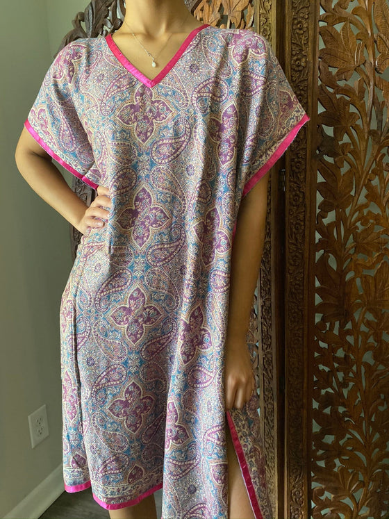 Womans Retro KImono Kaftan Dress Purple Paisley Pashmina Caftan Midi Dress ML
