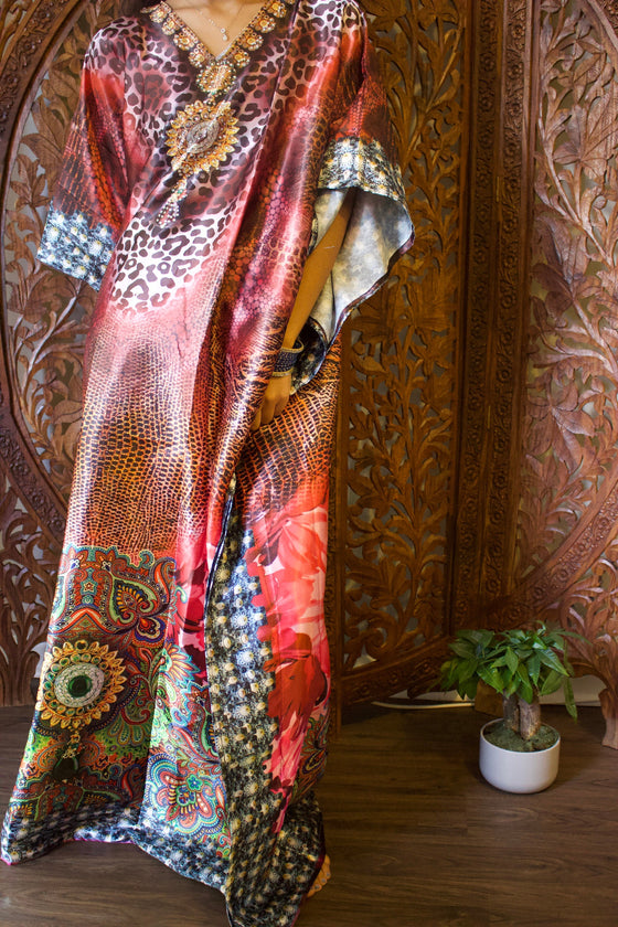 Kaftan Maxi Dress Red Pink Bohemian Kaftan, Printed 5X