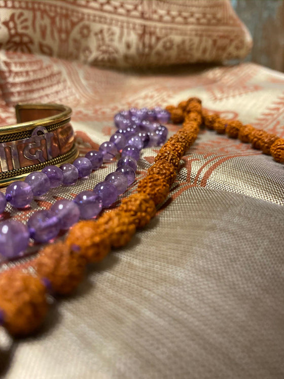 Amethyst Mala beads Rudraksha Japamala With Jai Mata Di Bracelet