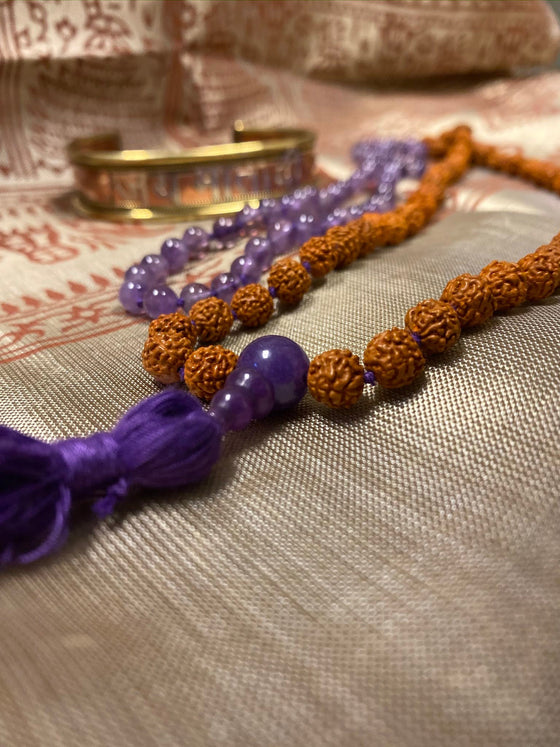 Amethyst Mala beads Rudraksha Japamala With Jai Mata Di Bracelet