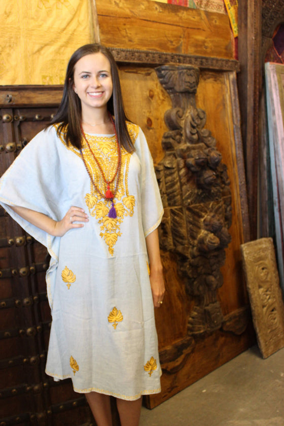 Embellished Floral Short Caftan Yellow Lounger Cover L-3XL